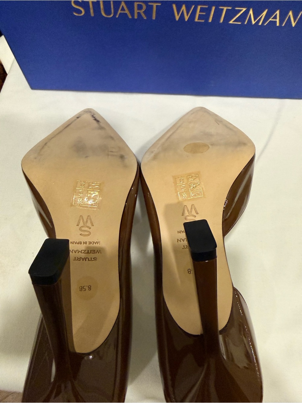 Stuart Weitzman Cognac Patent Leather Pointed-Toe Pumps - Picture 5 of 10